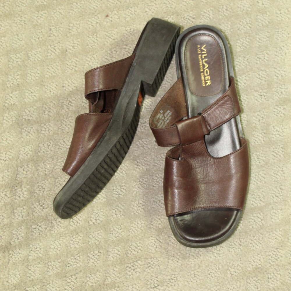 Villager Corkstep Wm 8.5M Chocolate Brown Adjustable Strap 1.5" Heel Sandals